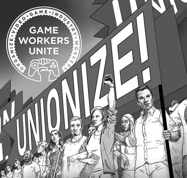 Drawing of workers in front of a sign that says UNIONIZE!