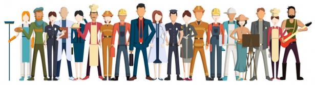 dozens of people in work clothes of different occupations