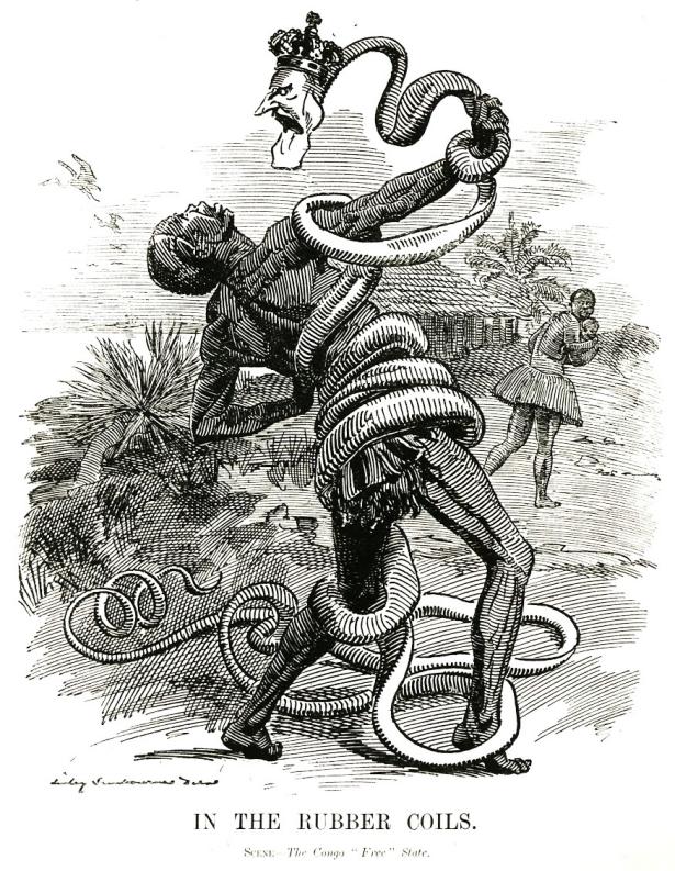 1906 cartoon of a Congolese worker being assaulted by a snake wearing the King of Belgium's crown
