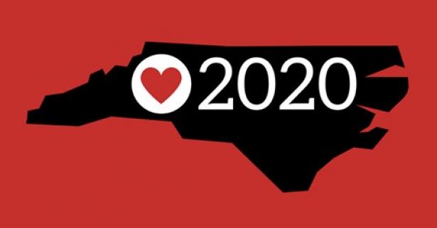 outline of North Carolina with heart and 2020